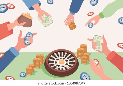 People hands holding money, golden coins, poker chips, and making bets in casino vector flat illustration. Gambling, playing games with fortune concept. Jackpot, playing cards, gambling poker.