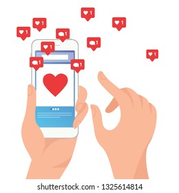  People hands holding smartphones with likes on the screen. Social media marketing reaching potential customers.
