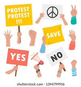 People hands holding strike and manifestation protest signs. Vector flat style cartoon protest illustration isolated on white background