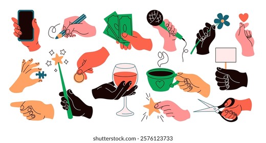 People hands holding various items flat color vector icons set. Demonstration of objects in palms illustrations pack on white background