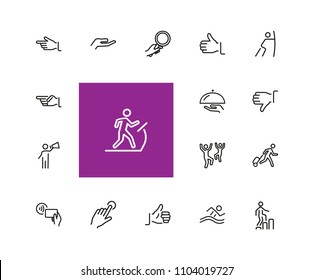 People and hands icons. Set of  line icons. Approval, gym, disabled man. Public pictograms concept. Vector illustration can be used for topics like public services, gestures, signs and symbols