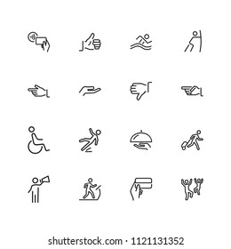 People and hands icons. Set of  line icons. Approval, gym, disabled man. Public pictograms concept. Vector illustration can be used for topics like public services, gestures, signs and symbols