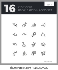 People and hands icons. Set of line icons. Approval, gym, disabled man. Public pictograms concept. Vector illustration can be used for topics like public services, gestures, signs and symbols