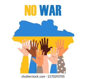 People hands up on the background of the map of Ukraine. Stop war. Support Ukraine. Save Ukraine. All nation support illustration vector concept.