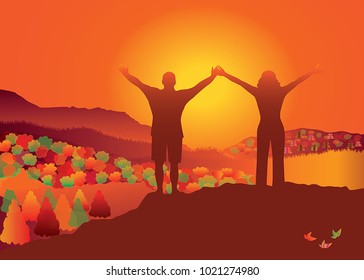 People with hands up  on the top of mountain on fall evening.. Autumn scenery. Vector illustration. Blue Ridge Mountains, North Carolina, USA.