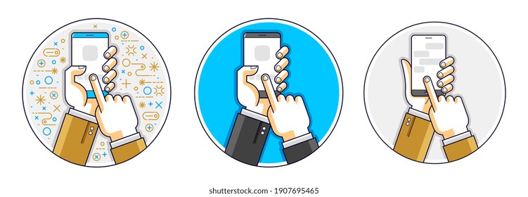 People hands with phones touching vector illustrations set, men holding and using smartphones images collection.