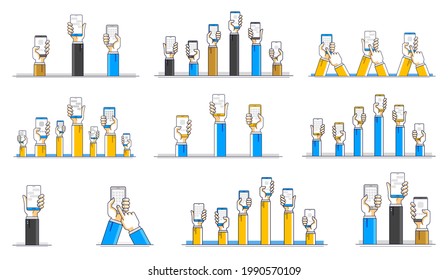 People hands with phones vector illustrations set, men holding smartphones images collection.