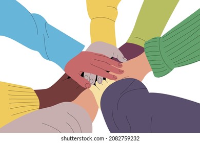 People with hands piled together. Multicultural friends of different colors and ethnicities cooperating. Living together in unity concept vector. - Shutterstock ID 2082759232