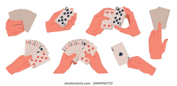 Personas manos jugando cartas. Juego de póquer, accesorios de juego riesgoso, brazos humanos sostienen la baraja de cartas, barajar y distribuir, persona del casino, estilo plano de dibujos animados aislado hoy en día conjunto de Vectores