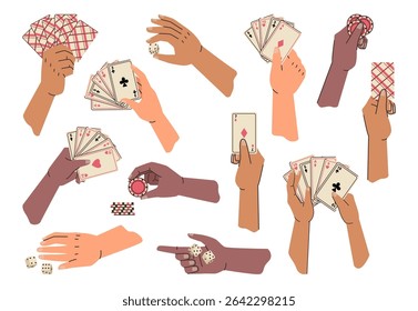 People hands playing cards. Vector poker game players set, risky gambling accessories, cartoon human arms hold card deck. Shuffling and distribution, casino person with chips and dice