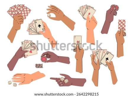 People hands playing cards. Vector poker game players set, risky gambling accessories, cartoon human arms hold card deck. Shuffling and distribution, casino person with chips and dice