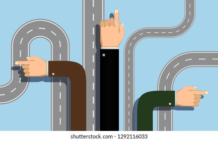 People hands point direction. Choice of the road. Vector illustration.