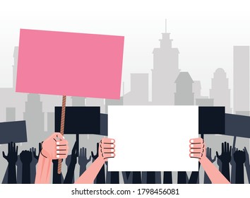 manos de la gente protestando por el levantamiento de carteles vacíos en el diseño de la ilustración del vector de la ciudad