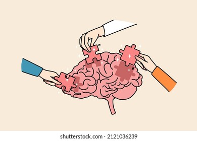 People hands put jigsaw puzzles into brain solve business problem. Businesspeople involved in team brainstorming find solution together. Teamwork thinking. Vector illustration. 