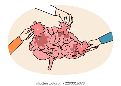 People hands put jigsaw puzzles into brain solve business problem. Businesspeople involved in team brainstorming find solution together. Teamwork thinking. Vector illustration.