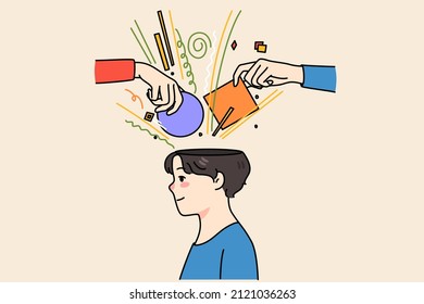 People hands put object in person head help with brainstorming or thinking process. Guy involved in solving problems or issues. Search for solution concept. Flat vector illustration. 