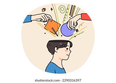 People hands put object in person head help with brainstorming or thinking process. Guy involved in solving problems or issues. Search for solution concept. Flat vector illustration.