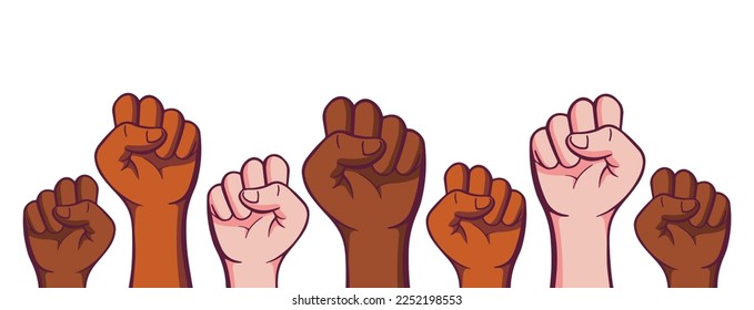 People hands raised with clenched fists, isolated on a white background. Symbol of love and diversity. Human rights, feminism, equality, Black lives matter and womens day concept.  