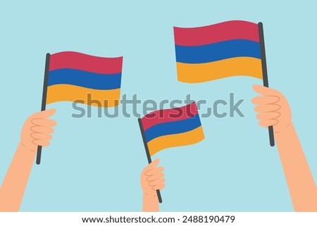 People hands raising flags of Armenia. Vector illustration of Armenian flags in flat style on blue background.