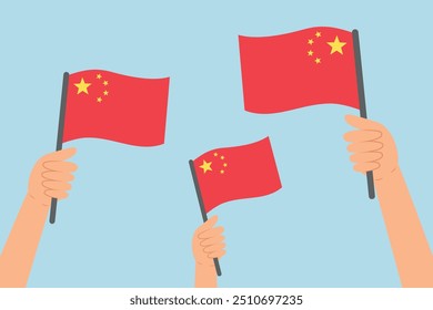 People hands raising flags of China. Vector illustration of Chinese flags in flat style on blue background.