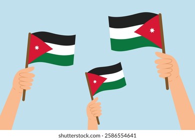 People hands raising flags of Jordan. Vector illustration of Jordanian flags in flat style on blue background.
