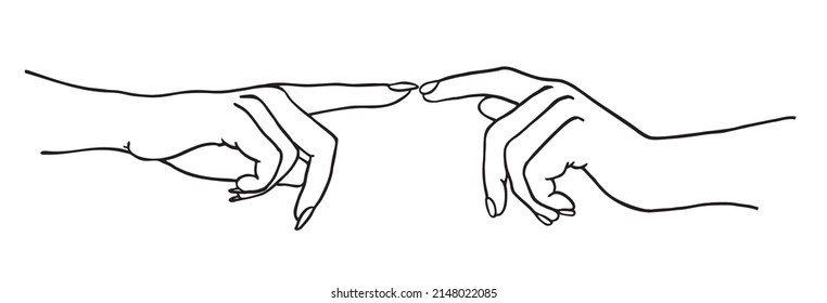 People  hands reaching out to each other, creation of adam sign. Isolated on white background. The concept of human relations, community, togetherness, symbolism, culture and history