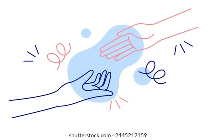 People hands reaching out for each other concept. Two hands reaching out to each other. Help and support concept. Minimalistic vector illustration in line art style. Two hands reach out to each other