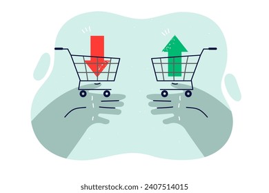 People hands with shopping baskets and up and down arrows as metaphor for stock market trading and investing. Concept of price fluctuations for shopping in grocery stores or supermarkets