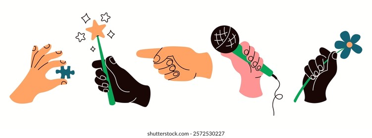 People hands showing different items flat color vector icons set. Using various items for fun illustrations pack on white background