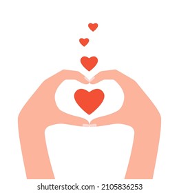 People hands showing heart love, congratulate, support, good feedback, thanks. Woman hands send hearts, like. Concept of charity, donation, help. Hands gesture give and share your love. Vector