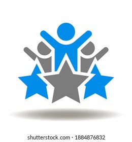 People With Hands Up And Stars Vector Icon. Client Satisfaction Symbol. CX Customer Experience Logo. Consumer Rating, User Review, Feedback Illustration.