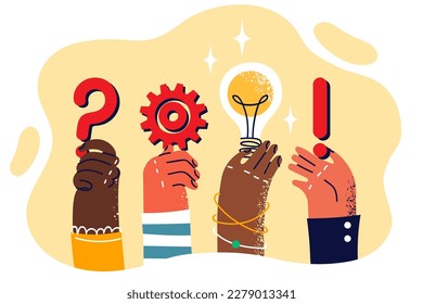 People hands with symbols of looking for ideas to create innovative business or modernize production process. Light bulb and gear brainstorming metaphor for finding idea for progressive production 