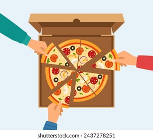 People hands taking triangle pizza slices from box on table. Top view of Italian fast food at corporate party. Hungry friends eating fast food together. Vector illustration