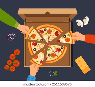 People hands taking triangle pizza slices from box on table. Top view of Italian fast food at corporate party. Hungry friends eating fast food together. Vector illustration