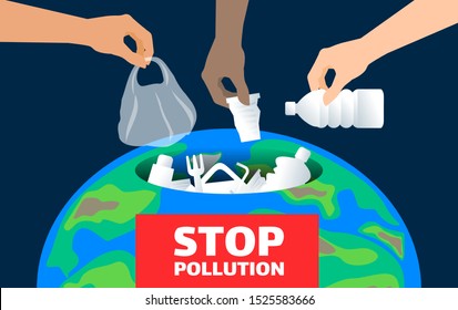 people hands throwing plastic waste in to earth planet trash can