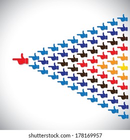 people hands together as arrow - leadership concept vector. This graphic icon also represents motivating team, teamwork, leading by example, target, aim, goal, achievement, team spirit, unity