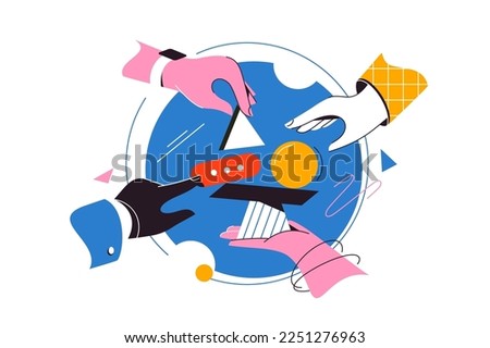 People hands try to keep balance using geometric figures vector illustration. Mutual responsibility or collective guarantee flat style concept