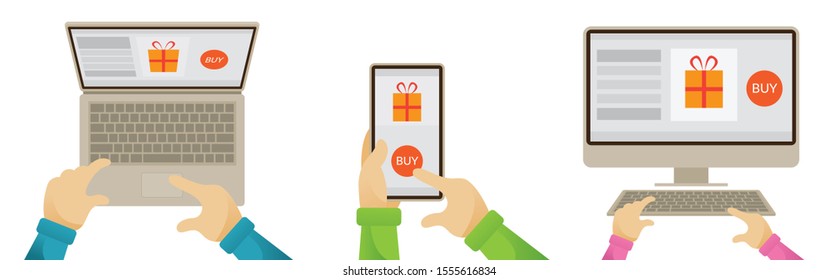 People Hands Use Computer Smartphone Device, Buying and Selling, Online Shopping Concept