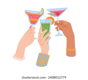 People hands with various glasses. Men and women drinking cocktails together, celebrating. Hand drawn vector illustration.