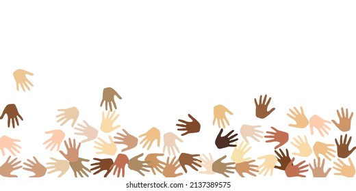 People hands of various skin tone vector illustration. Elections concept. Cosmopolite culture palm icons design. Skin color identity design.