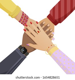 People hands with watches, rings and bracelets putting on each other. Women and men arms together flat vector illustration. Teamwork, social community, cooperation cartoon concept.