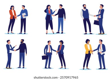 People handshake collection - Set of vector illustrations with businesspeople shaking hands in office or at work over business agreement, deal and cooperation. Flat design with white background