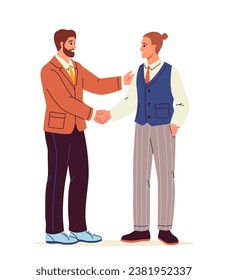 People handshake concept. Man and guy in suit make deal and agreement. Sticker for social networks and messengers. Cartoon flat vector illustration isolated on white background
