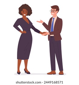 People handshake. Office male and female business characters shaking hands, man and woman agreement gesture flat vector illustration. Colleagues shaking hands