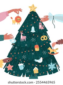 People hang toys on the New Year tree. There are many toys, houses, birds, animals, a star and snowflakes hanging on the tree. Festive tree on an isolated background. Flat vector illustration