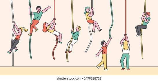 People hanging on rope. flat design style minimal vector illustration.