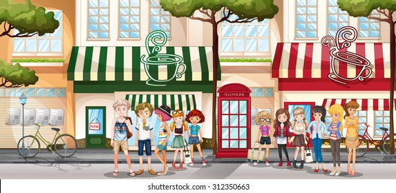 People hanging out on the sidewalk by the shop illustration
