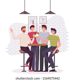 People hanging out, sitting and drinking. Happy friends, business people at bar party vector concept. Colleague business party after work, students, hipster having fun and talking in pub, cafe 