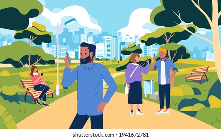 people hangout at park but busy with their own smartphone, park outdoor illustration with long chair, trees and city building in the background