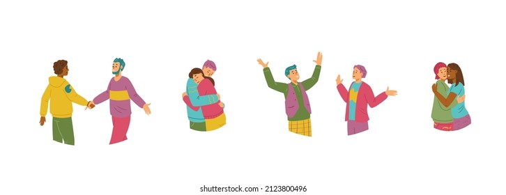 People happily greeting each other, flat vector illustration isolated on white background. Set of men and women hugging, embracing and shaking hands. Concept of friendship and togetherness.